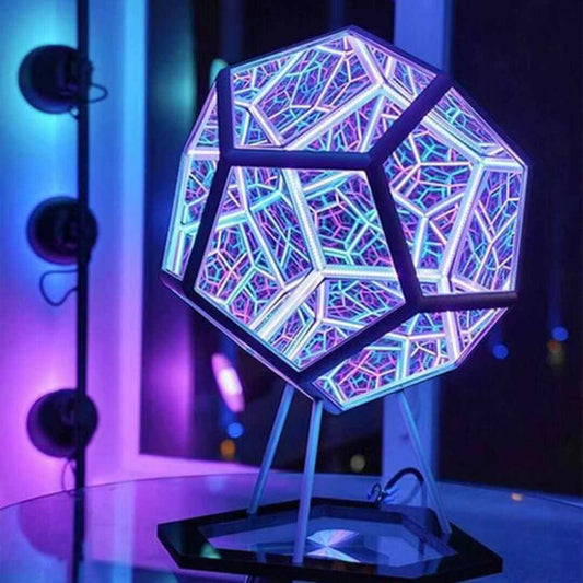 Colorful dodecahedron lamp with vibrant lighting, modern design, and geometric aesthetic for stylish home décor.