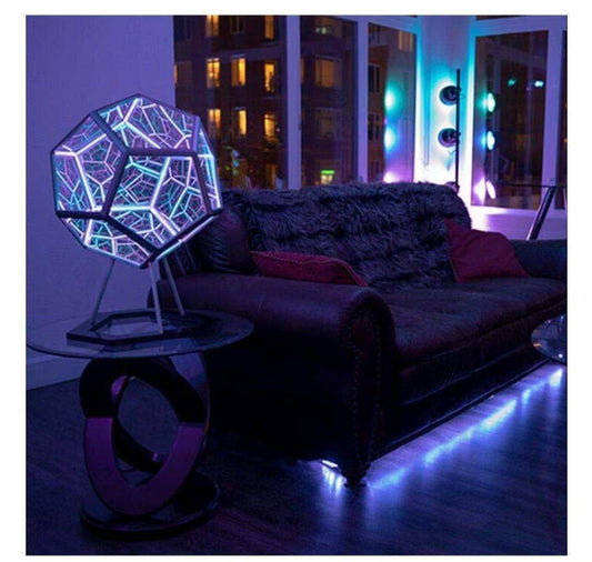 Colorful dodecahedron lamp illuminating a modern living room with stylish decor and ambient lighting.