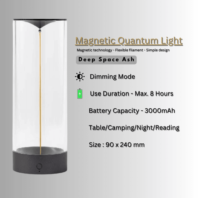 Magnetic Quantum Light lamp in Deep Space Ash with touch dimming, battery capacity of 3000mAh for reading and camping.