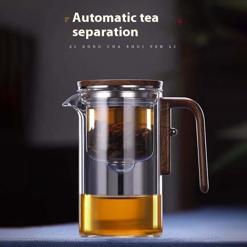 Elegant glass infuser teapot with automatic tea separation technology for the perfect brew.