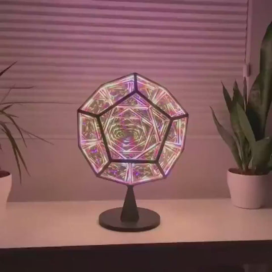 Colorful Dodecahedron Lamp casting mesmerizing lights, perfect for stylish home décor and creating a cozy ambiance.